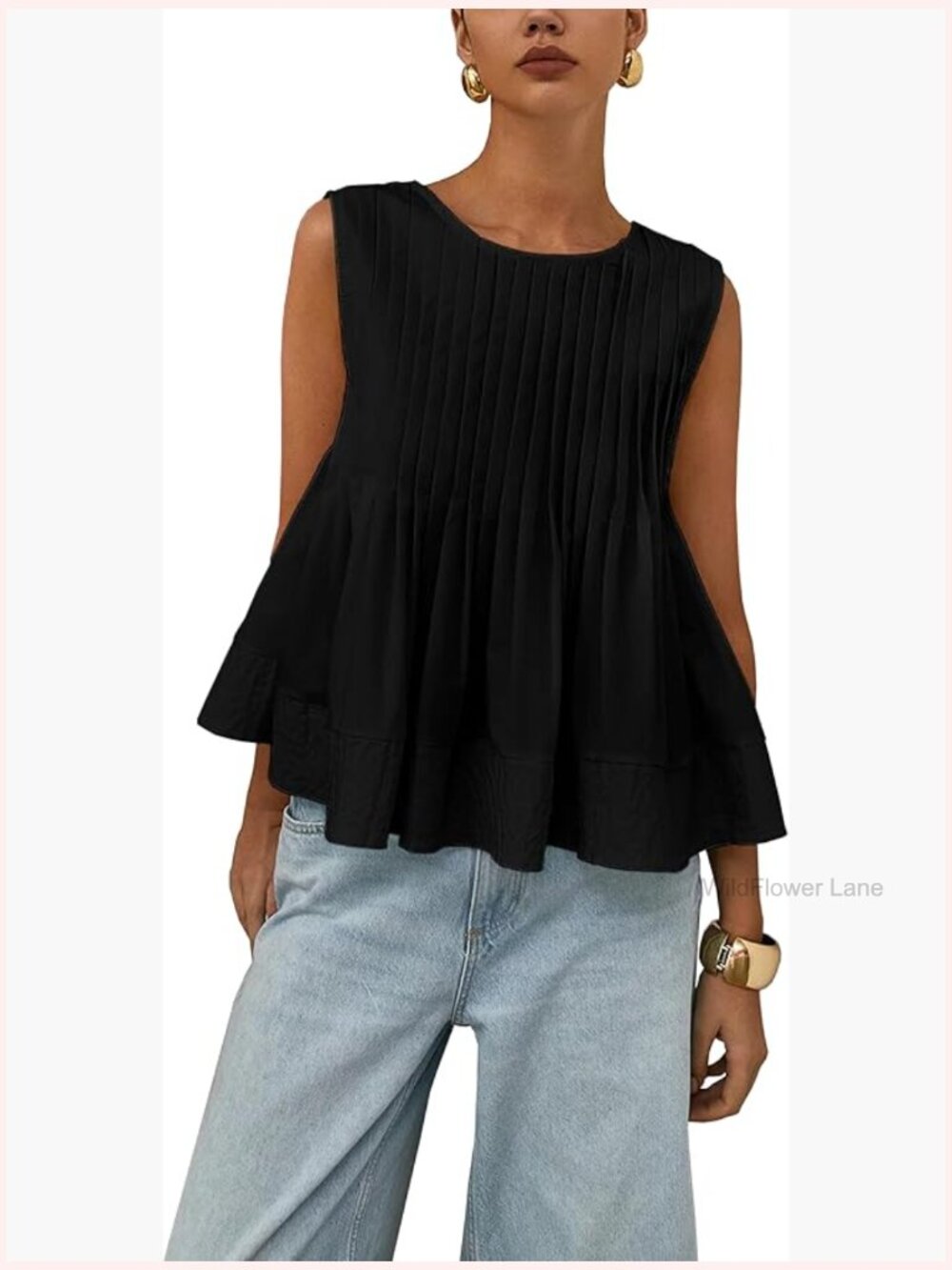 Sleeveless Pleated Babydoll Tank Top Summer Blouse